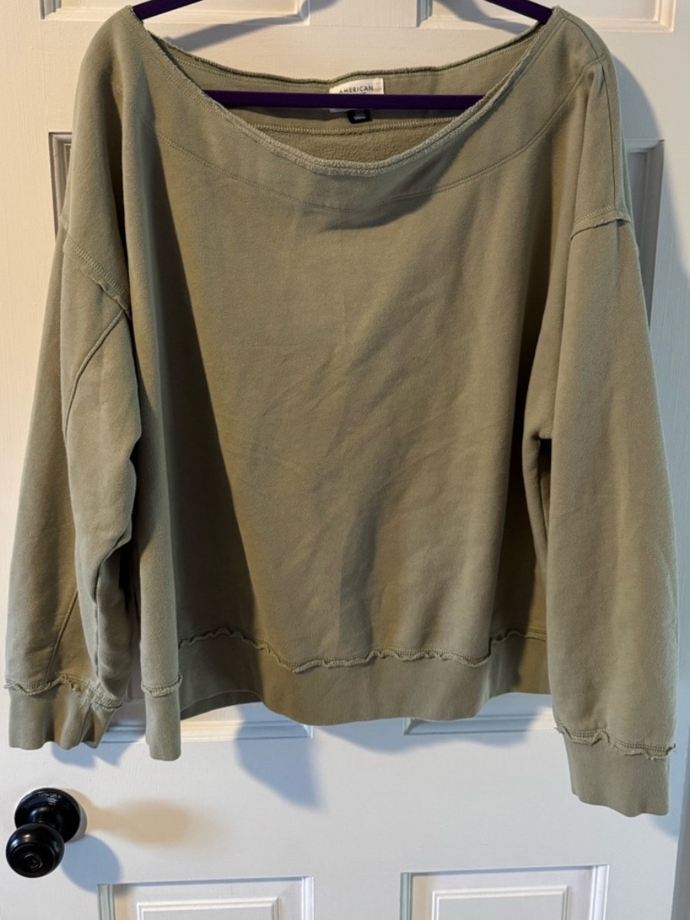 American Eagle Outfitters Light Olive Off-the-Shoulder Oversized Sweatshirt